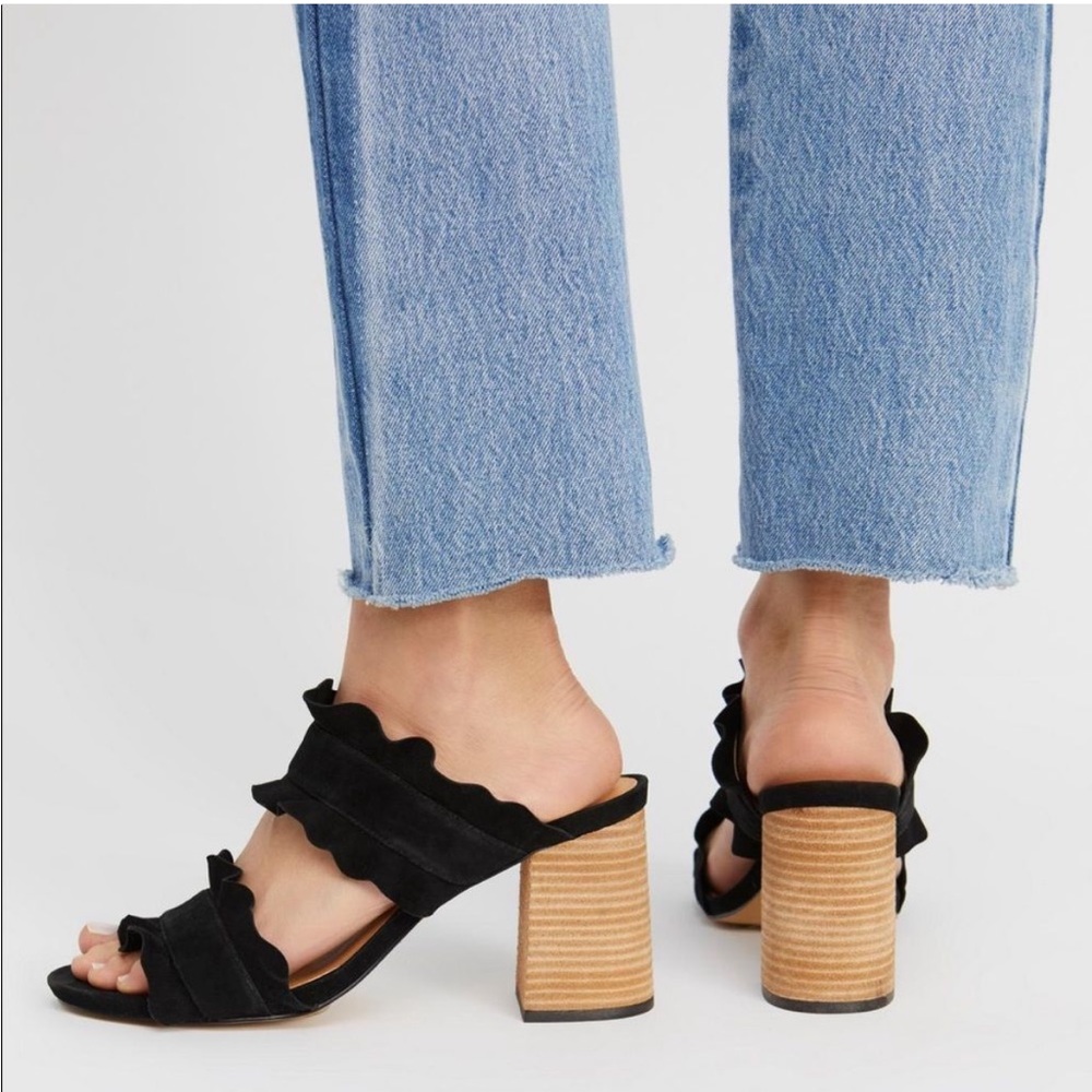 Free People: Ruffly & Strappy Suede Block Heel Sandals, Black, Women's 8 (38)